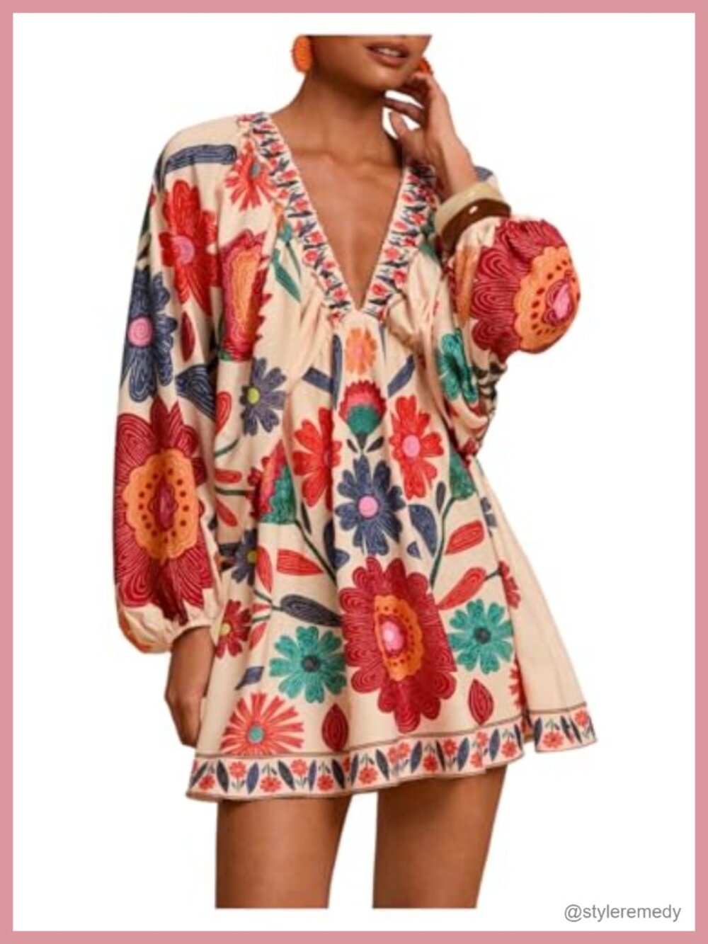 Boho Floral V Neck Mini Dress Bishop Sleeve Tropical